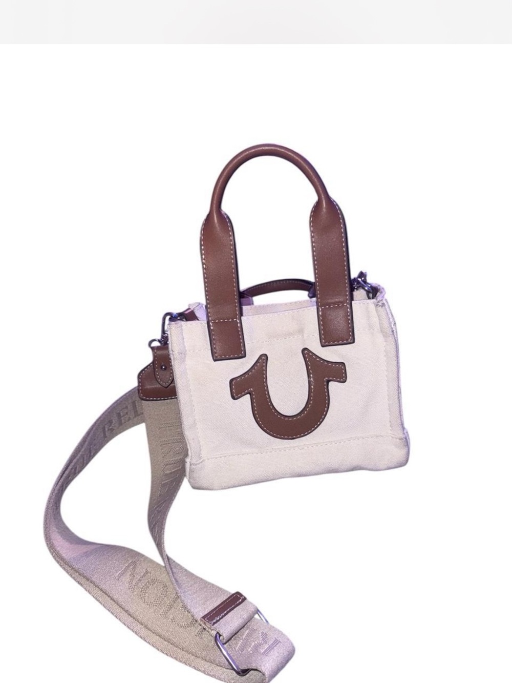 True Religion Cream Canvas Mini Tote with Brown Leather Accents